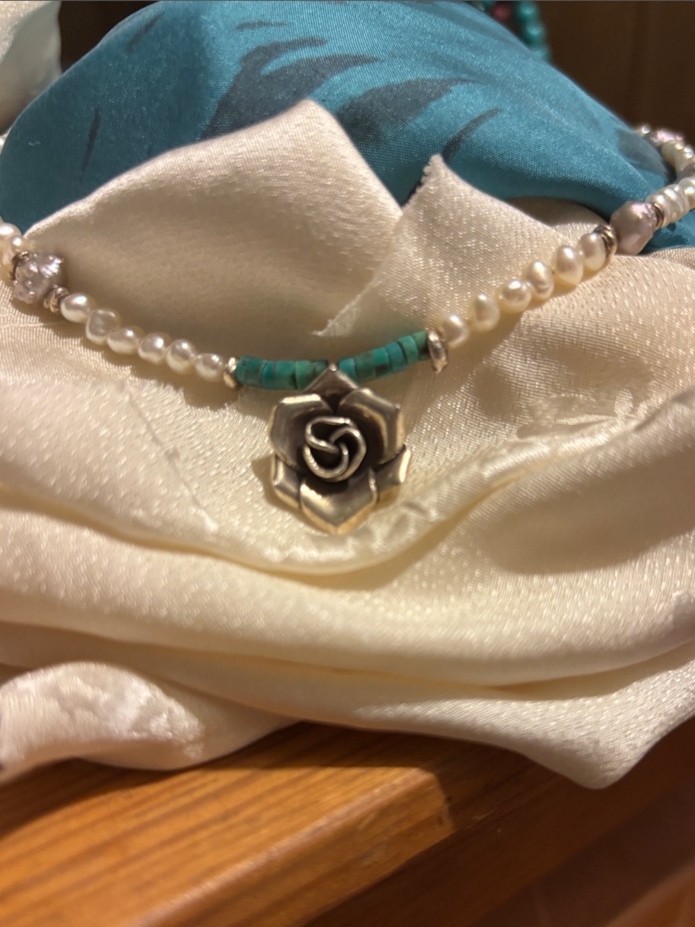 Pearl and Turquoise Necklace with Silver Rose Pendant